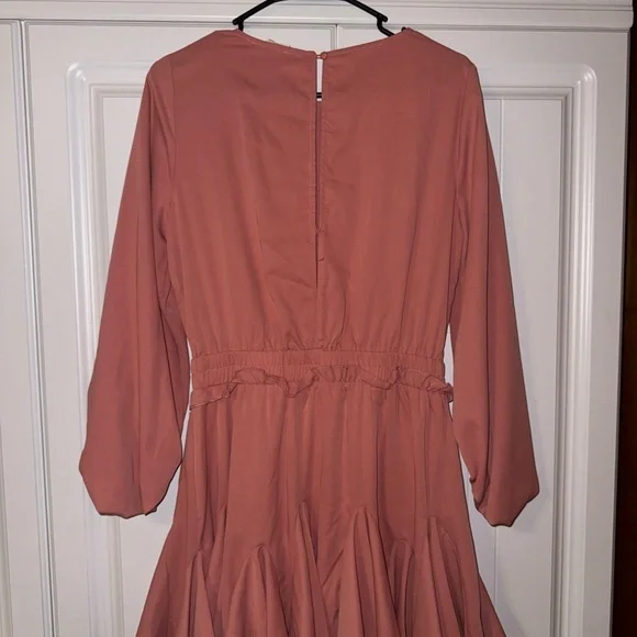 Mainstrip Peach Pink Long Sleeve Smocked Waist Ruffle Mini Dress – Size M - Picture 12 of 12